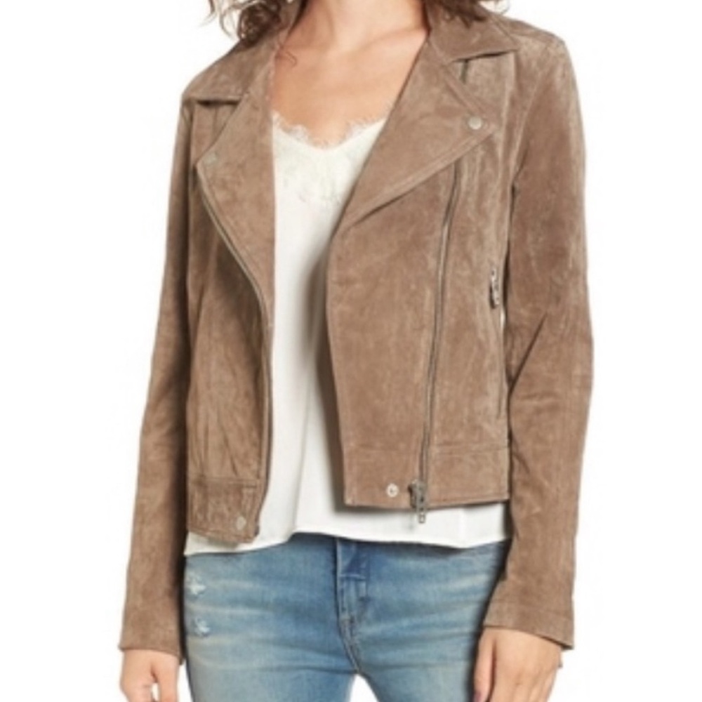 Tan BlankNYC suede moto jacket.